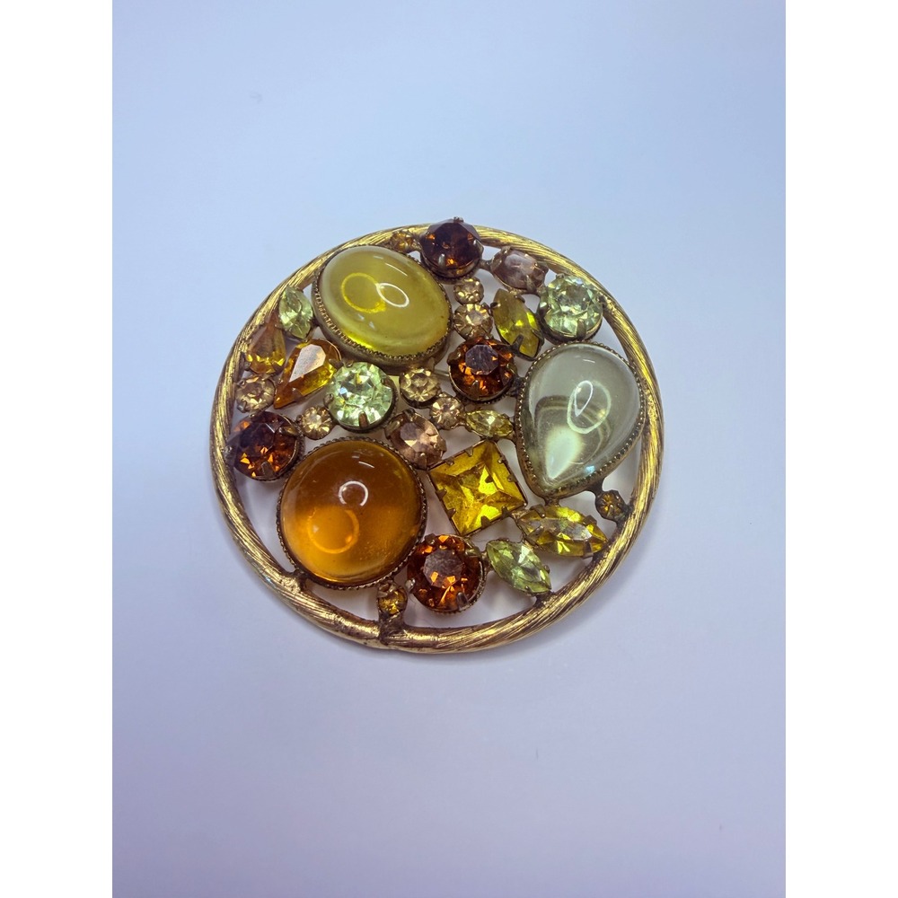 Vintage Signed Schreiner New York Amber Topaz Art Glass Rhinestone Brooch 2""